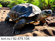 Galápagos tortoise (Chelonoidis elephantopus) in tropical Galapagos island. Giant turtle (tortuga) in animal world. Observation of wildlife area. Holiday adventure in Ecuador. Стоковое AI-изображение, AI-художник Aleksandr Golubev / Фотобанк Лори