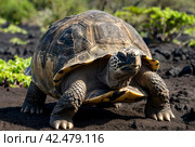 Galápagos tortoise (Chelonoidis elephantopus) in tropical Galapagos island. Giant turtle (tortuga) in animal world. Observation of wildlife area. Holiday adventure in Ecuador. Стоковое AI-изображение, AI-художник Aleksandr Golubev / Фотобанк Лори