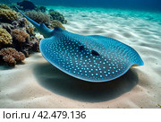 Blue spotted stingray (Myliobatoidei) cartilaginous fish on sandy bottom in tropical underwaters. Skate in underwater wild animal world. Observation of wildlife ocean. Scuba diving in Ecuador coast. Стоковое AI-изображение, AI-художник Aleksandr Golubev / Фотобанк Лори
