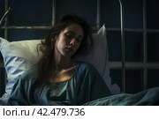 Young ill woman in bed. Generate AI. Стоковое AI-изображение, AI-художник Иван Рябоконь / Фотобанк Лори