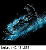 An illustration of an athlete on a snowmobile. Extreme sports. Design of clothes, albums, notebooks. Sports banners. Стоковое AI-изображение, AI-художник Ирина Ручушкина / Фотобанк Лори