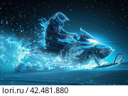 An illustration of an athlete on a snowmobile. Extreme sports. Design of clothes, albums, notebooks. Sports banners. Стоковое AI-изображение, AI-художник Ирина Ручушкина / Фотобанк Лори