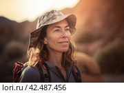 Woman mountain hiker. Generate ai. Стоковое AI-изображение, AI-художник Иван Рябоконь / Фотобанк Лори