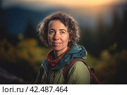Woman travel hiking with backpack. Generate ai. Стоковое AI-изображение, AI-художник Иван Рябоконь / Фотобанк Лори