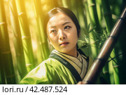 Chinese girl with bamboo fighting stick. Generate ai. Стоковое AI-изображение, AI-художник Иван Рябоконь / Фотобанк Лори