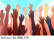 The upraised hands of multiracial people with different skin colors. Стоковое AI-изображение, AI-художник Виктория Тельминова / Фотобанк Лори