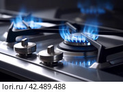 Closeup photo of gas cooker with burning blue flame. Generate ai. Стоковое AI-изображение, AI-художник Иван Рябоконь / Фотобанк Лори