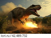 Shooting tyrannosaurus rex animal. Generate ai. Стоковое AI-изображение, AI-художник Иван Рябоконь / Фотобанк Лори