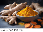 Aromatic turmeric powder and raw roots dust natural. Generate Ai. Стоковое AI-изображение, AI-художник Иван Рябоконь / Фотобанк Лори