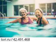 Senior woman active swim pool happy friends. Generate Ai. Стоковое AI-изображение, AI-художник Иван Рябоконь / Фотобанк Лори