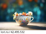 Tea cup flowers. Generate Ai. Стоковое AI-изображение, AI-художник Иван Рябоконь / Фотобанк Лори
