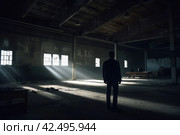 Silhouette fbi agent warehouse facility. Generate Ai. Стоковое AI-изображение, AI-художник Иван Рябоконь / Фотобанк Лори