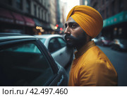 Sikh adult yellow cloth taxi driver. Generate AI. Стоковое AI-изображение, AI-художник Иван Рябоконь / Фотобанк Лори