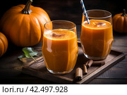 Pumpkin drink glass organic. Generate Ai. Стоковое AI-изображение, AI-художник Иван Рябоконь / Фотобанк Лори