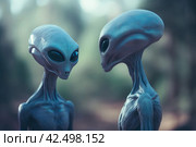 Extraterrestrial creatures talking outdoor. Generate ai. Стоковое AI-изображение, AI-художник Иван Рябоконь / Фотобанк Лори