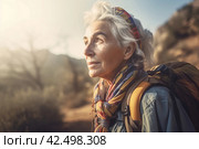 Senior woman hiking travel. Generate Ai. Стоковое AI-изображение, AI-художник Иван Рябоконь / Фотобанк Лори