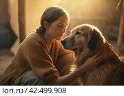 Woman hugging with golden Retriever dog. Generate ai. Стоковое AI-изображение, AI-художник Иван Рябоконь / Фотобанк Лори