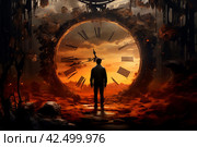 Human silhouette in front of big transparent fiery clock. Generate ai. Стоковое AI-изображение, AI-художник Иван Рябоконь / Фотобанк Лори