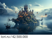 Magical castle on island in the middle of lake. Generate ai. Стоковое AI-изображение, AI-художник Иван Рябоконь / Фотобанк Лори