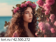 Woman curly pink flower in sun lights. Generate Ai. Стоковое AI-изображение, AI-художник Иван Рябоконь / Фотобанк Лори