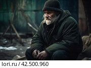 Homeless elderly beggar man sitting on the street. Generate ai. Стоковое AI-изображение, AI-художник Иван Рябоконь / Фотобанк Лори