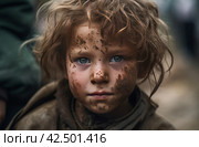 Neglected child with dirty face. Generate ai. Стоковое AI-изображение, AI-художник Иван Рябоконь / Фотобанк Лори