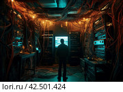 Person standing in dark server room with wires. Generate ai. Стоковое AI-изображение, AI-художник Иван Рябоконь / Фотобанк Лори