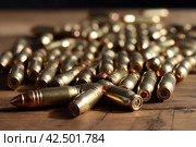 Many metal bullets on wooden table. Generate Ai. Стоковое AI-изображение, AI-художник Иван Рябоконь / Фотобанк Лори