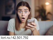 Phone message surprised woman home sit. Generate Ai. Стоковое AI-изображение, AI-художник Иван Рябоконь / Фотобанк Лори