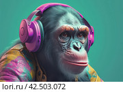 Comical monkey wearing colorful headphones. Generate ai. Стоковое AI-изображение, AI-художник Иван Рябоконь / Фотобанк Лори