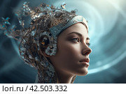 Woman futuristic inventive headwear helmet. Generate ai. Стоковое AI-изображение, AI-художник Иван Рябоконь / Фотобанк Лори