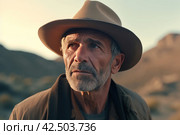 Old man wearing hat in mountain environment. Generate ai. Стоковое AI-изображение, AI-художник Иван Рябоконь / Фотобанк Лори