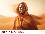 Veiled orange African woman in windy desert. Generate ai. Стоковое AI-изображение, AI-художник Иван Рябоконь / Фотобанк Лори