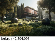 Surreal shiny spheres in green yard of ultramodern home. Generate ai. Стоковое AI-изображение, AI-художник Иван Рябоконь / Фотобанк Лори