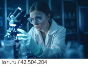 Concentrated female microbiologist protection glasses. Generate Ai. Стоковое AI-изображение, AI-художник Иван Рябоконь / Фотобанк Лори