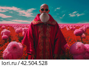 Buddhist senior monk in red kimono robe. Generate ai. Стоковое AI-изображение, AI-художник Иван Рябоконь / Фотобанк Лори