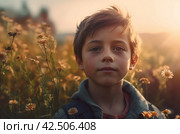 Boy in floral field with mischievous grin. Generate ai. Стоковое AI-изображение, AI-художник Иван Рябоконь / Фотобанк Лори