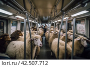 Sheep crammed subway commuters. Generate ai. Стоковое AI-изображение, AI-художник Иван Рябоконь / Фотобанк Лори
