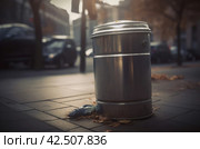 Metallic trash bin on urban street closeup photo. Generate ai. Стоковое AI-изображение, AI-художник Иван Рябоконь / Фотобанк Лори
