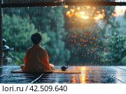 Thoughtful woman looking at the rain from the porch of a temple in Kyoto, Japan. Стоковое AI-изображение, AI-художник Юрий Поздников / Фотобанк Лори