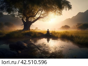 Sunrise morning meditator under tree mind peace. Generate Ai. Стоковое AI-изображение, AI-художник Иван Рябоконь / Фотобанк Лори