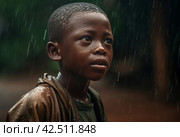 African poor boy at mine under rain. Generate Ai. Стоковое AI-изображение, AI-художник Иван Рябоконь / Фотобанк Лори