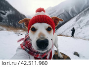 White Jack Russell with red winter hat taking selfie. Generate ai. Стоковое AI-изображение, AI-художник Иван Рябоконь / Фотобанк Лори