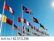 Flags different countries on high flagpoles. National flag different fluttering in wind. Flag Korea, Russia, United States, India, Vietnam, Cambodia and other against blue sky. Natural vertical photo. Стоковое AI-изображение, AI-художник Aleksandr Golubev / Фотобанк Лори