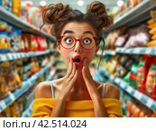 Surprised Shopper in Grocery Aisle. Стоковое AI-изображение, AI-художник Кирилл Черезов / Фотобанк Лори