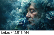 Woman With Closed Eyes Surrounded by Smoke. Стоковое AI-изображение, AI-художник Юлия Гапеенко / Фотобанк Лори