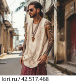 Stylish man on the street in rustic oversize thin fabric beige tank top with subtle burgundy paisley details,    Generative AI. Стоковое AI-изображение, AI-художник Анна Кривицкая / Фотобанк Лори