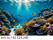 Underwater macro photography of marine animals. Vegetation, creatures under water. Marine life under water in ocean. Observation animal world. Scuba diving adventure in Red sea, coast Africa. Стоковое AI-изображение, AI-художник Aleksandr Golubev / Фотобанк Лори