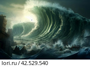 Overpowering Tsunami wave. Generate Ai. Стоковое AI-изображение, AI-художник Иван Рябоконь / Фотобанк Лори