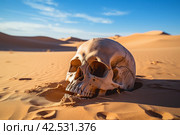 Eerie Human skull in desert. Generate Ai. Стоковое AI-изображение, AI-художник Иван Рябоконь / Фотобанк Лори